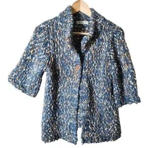 Liz Claiborne Chunky Cardigan‎ Blue Gold SS Sweater Textured Knit Button Up